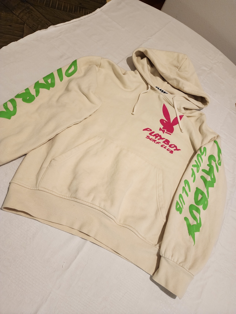 PLAYBOY Cream Hoodie with Pink Bunny & Neon Green Sleeve Text